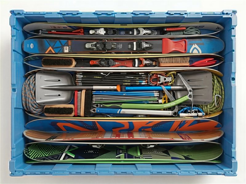 Snow gear stored in a large Fort Lox box